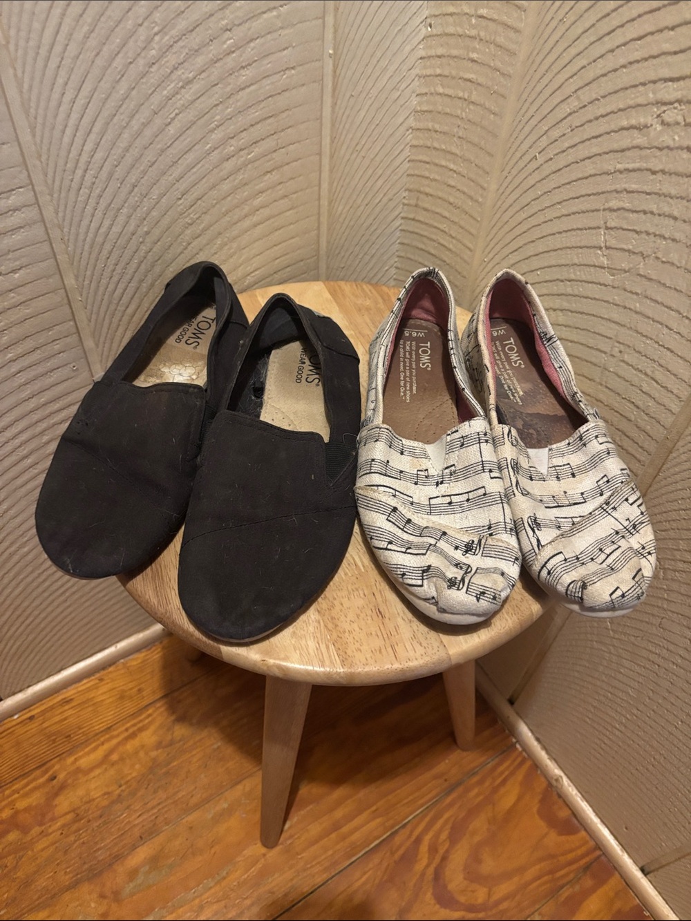 Two pairs of TOMS Slip-On Shoes in Black and White Musical Print